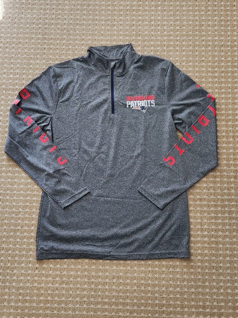 New England Patriots NFL Gray Quarter-Zip Pullover with Red Sleeve Graphics